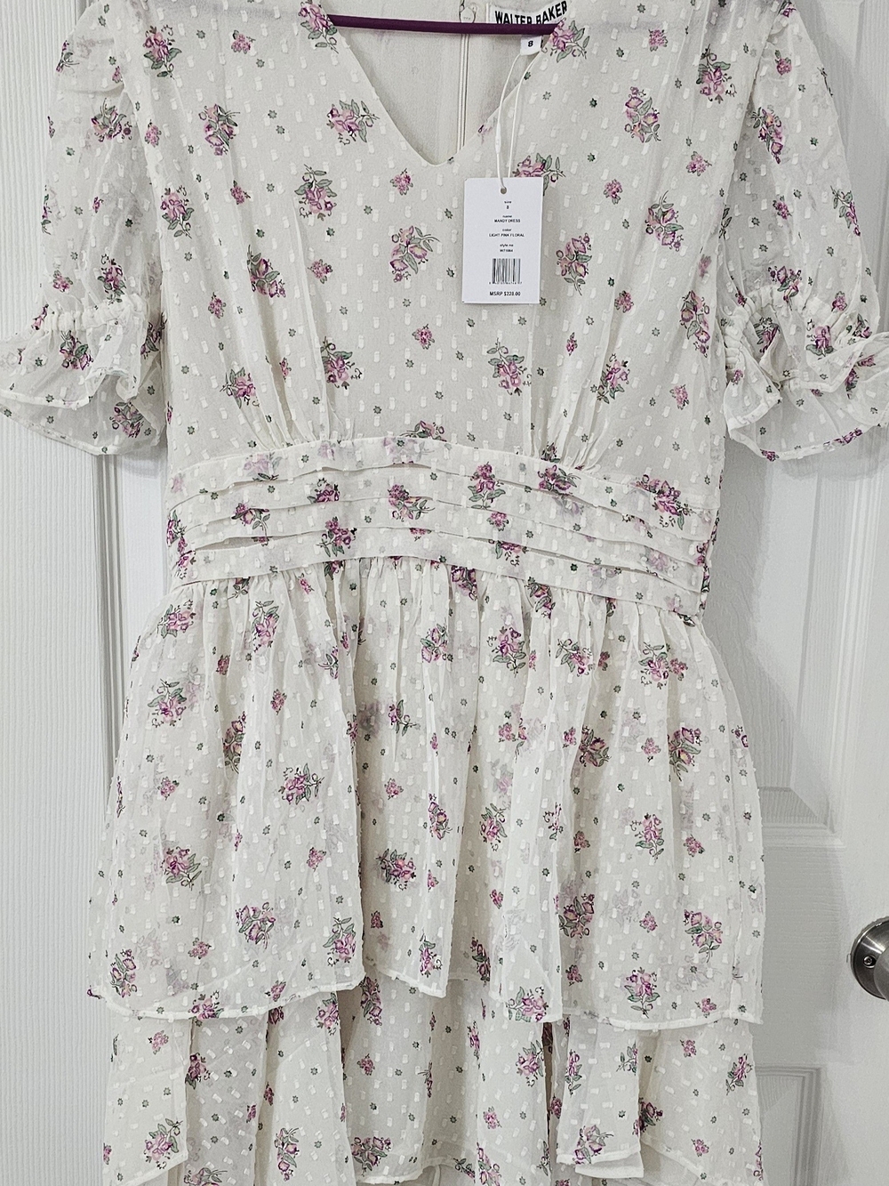 Walter Baker Cream Floral Tiered Ruffle Mini Dress with Pink Roses